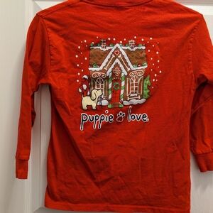 Puppie Love Youth Small Red Long Sleeve Christmas Dog Gingerbread House Shirt